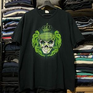 Gildan Black Tee with Green Skull and Crown Design